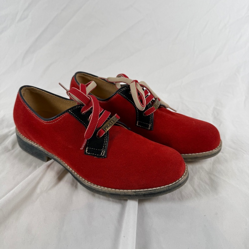 Rare Pratesi Red Suede Lace Up Oxford Shoes Women EU39 Black Trim Two Tone Laces